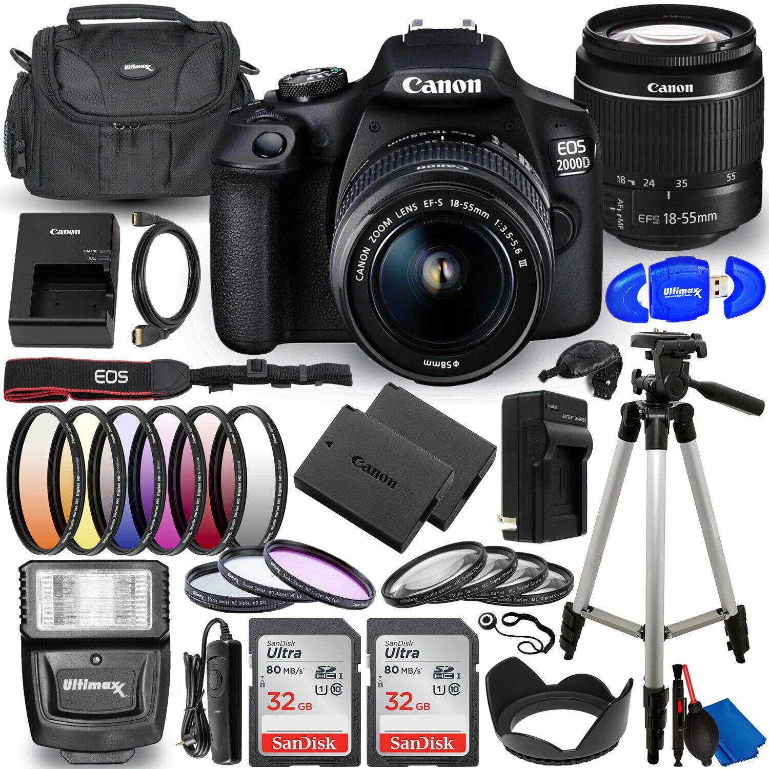 Canon EOS 2000D Rebel T7 DSLR Camera with 18-55mm III Lens With 25 Piece Bundle