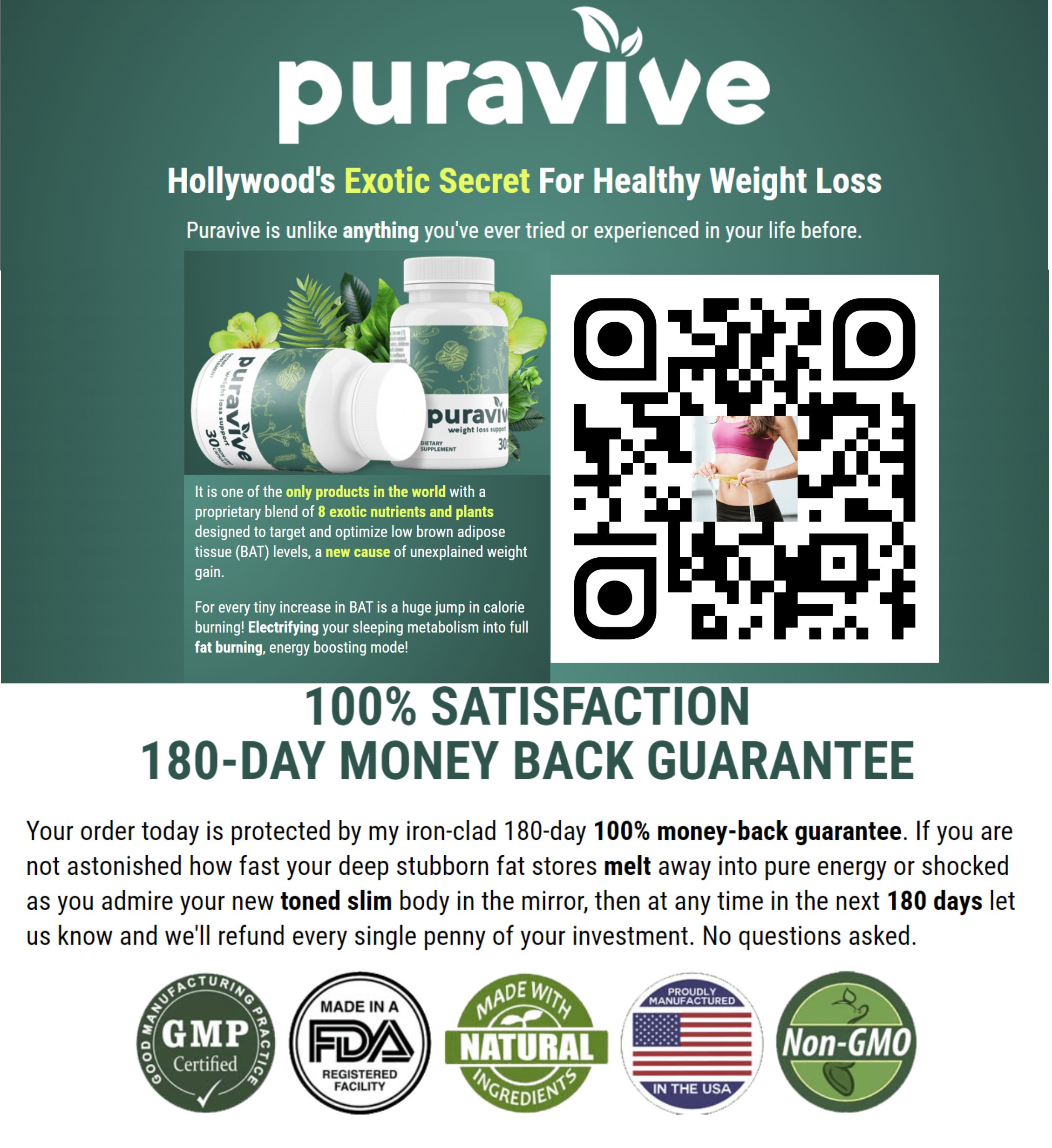 Apoye una pérdida de peso saludable con la mezcla patentada de PuraVive de 8 potentes nutrientes y plantas tropicales respaldados por investigaciones clínicas